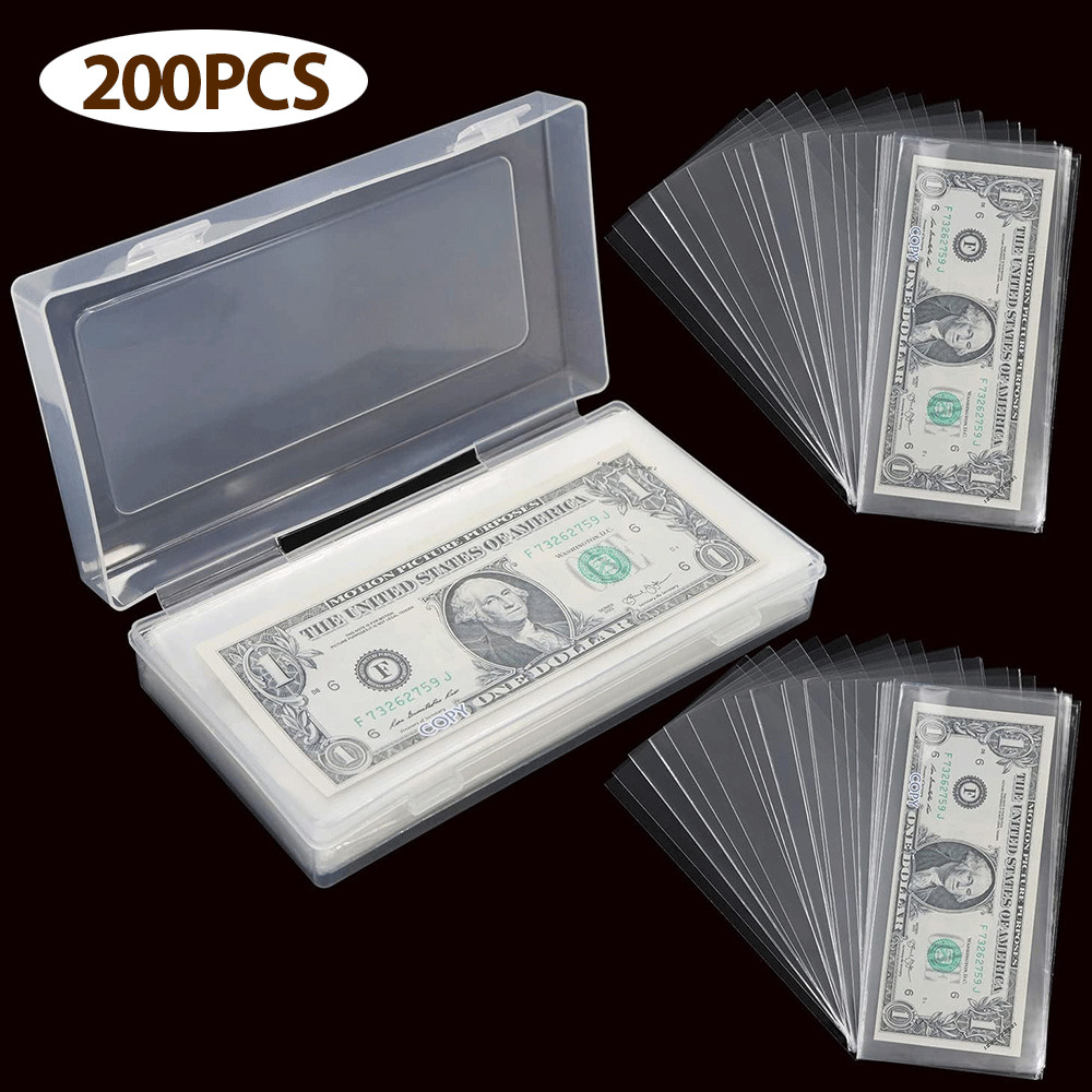 200 Pack Dollar Bill Holder Clear Rigid Sideload Currency Sleeves + Storage Case