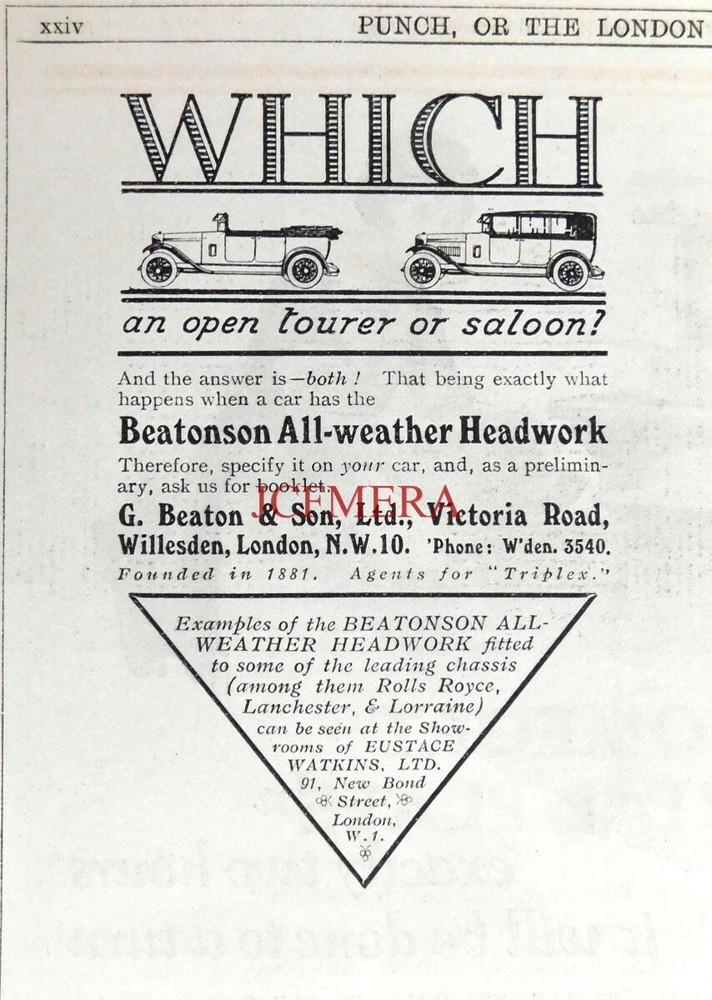 BEATONSON HEADWORK Detachable Coachwork Hardtop, Original 1925 ADVERT: 688-132