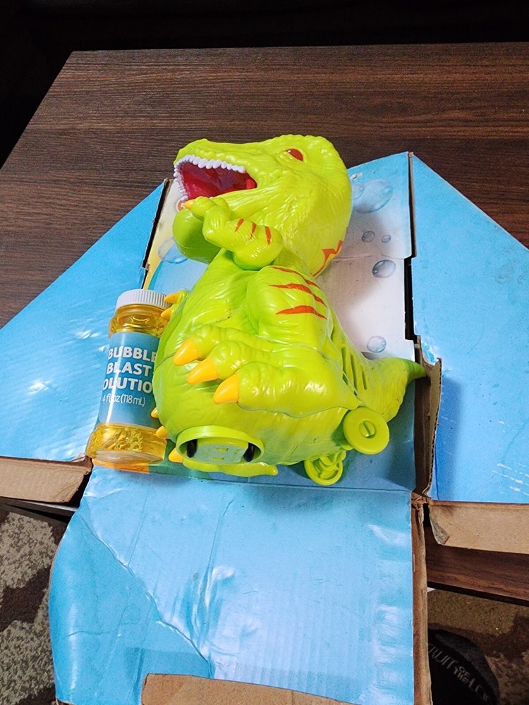 Play Day Bump N Go Bubble Blowing Dino w/ Lights, Sounds + 4oz Solution