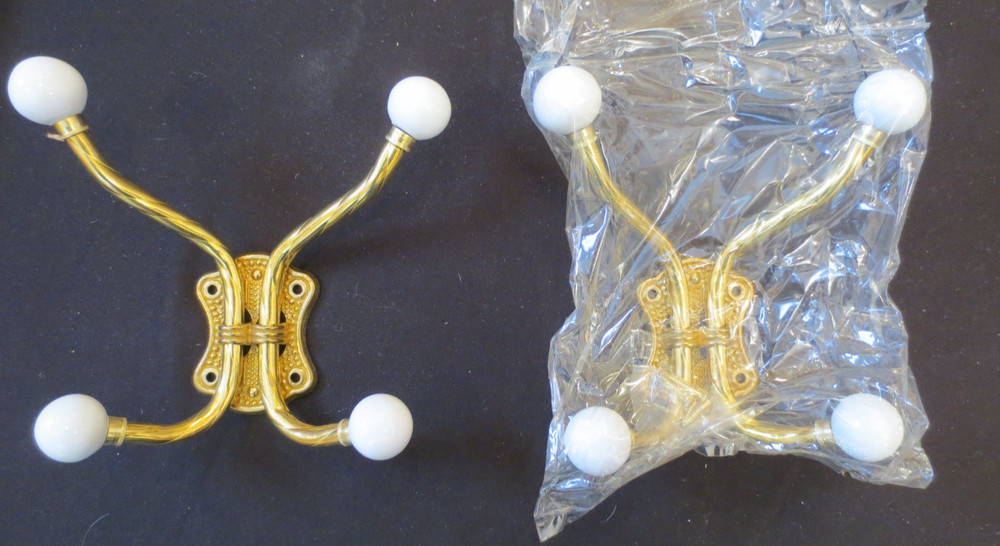 New Vintage Solid Brass 4 Hook Coat Hanger Porcelain Knobs and Screws
