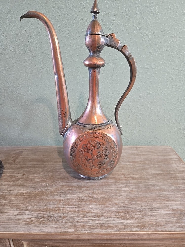 Antique Middle Eastern Qajar Hand Engraved Copper Ewer Pitcher c.1800s'
