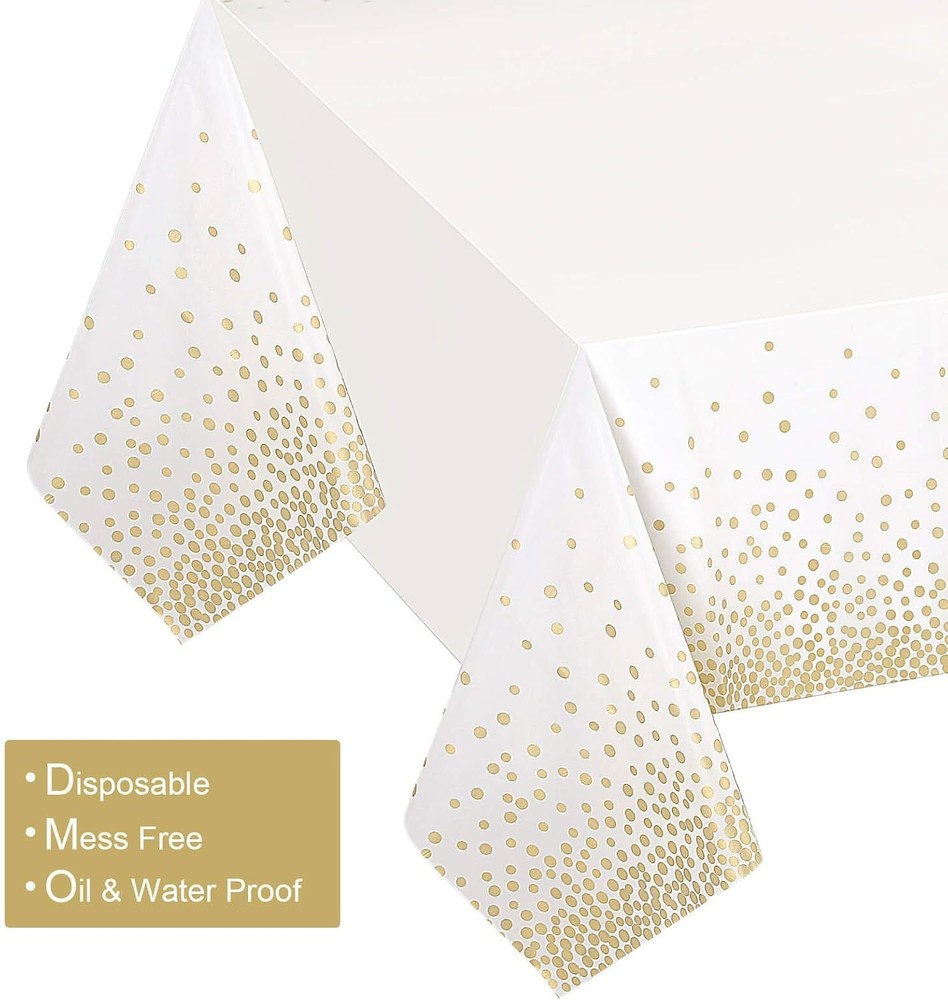 4 Pack White & Gold Dot Plastic Tablecloth Rectangle Tables(54" x 108"