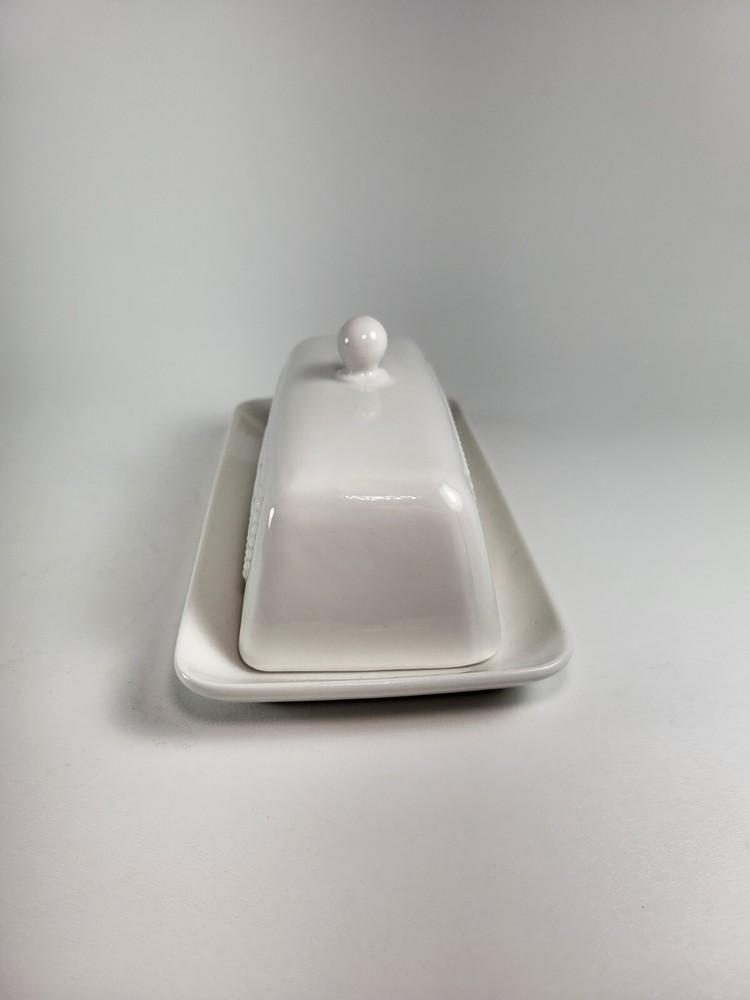Maison Neuve Ceramic White Butter Dish w/Lid Beaded/Butter Pattern