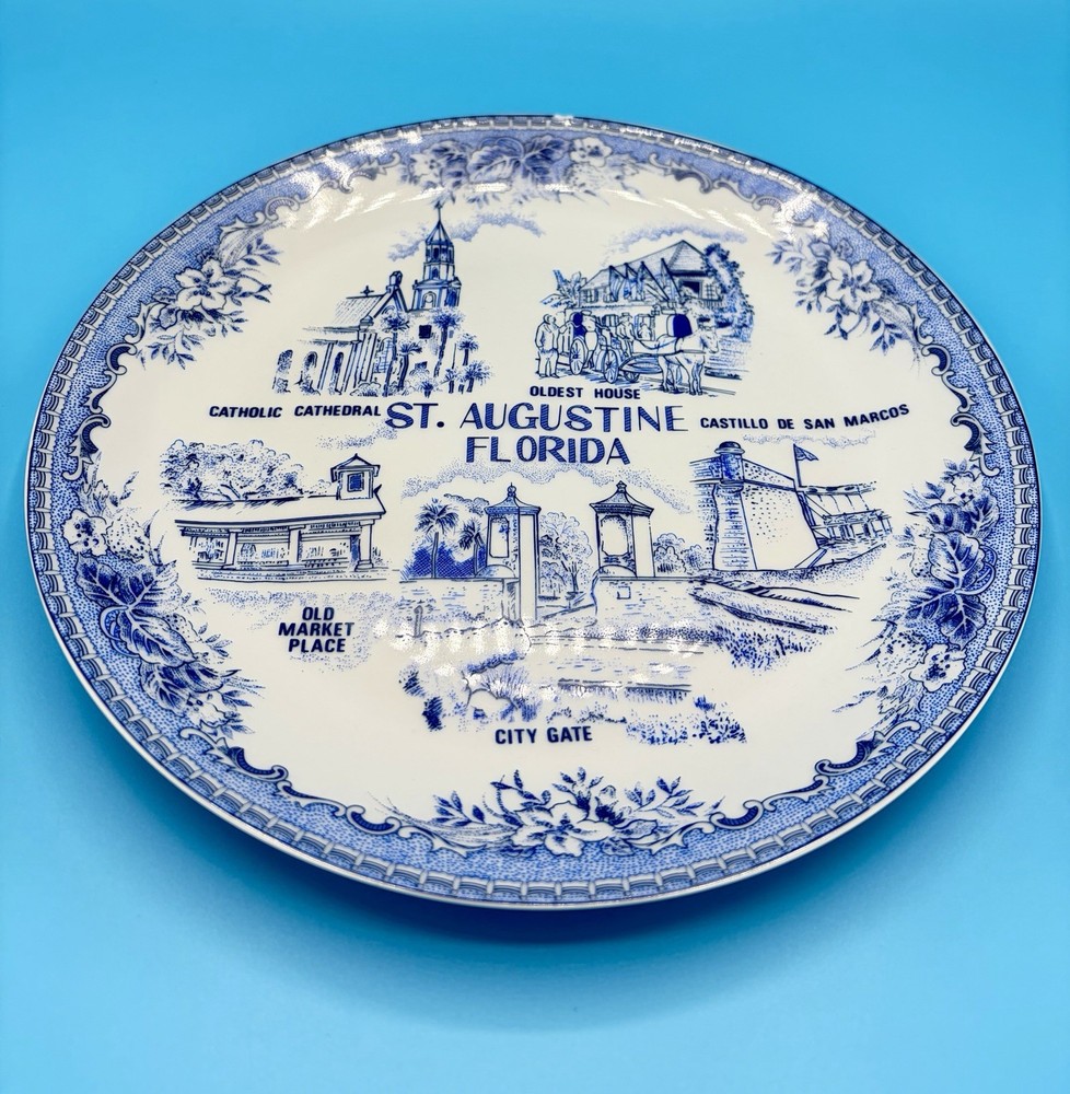 St. Augustine Florida Souvenir Plate Blue White Transferware - Decorative