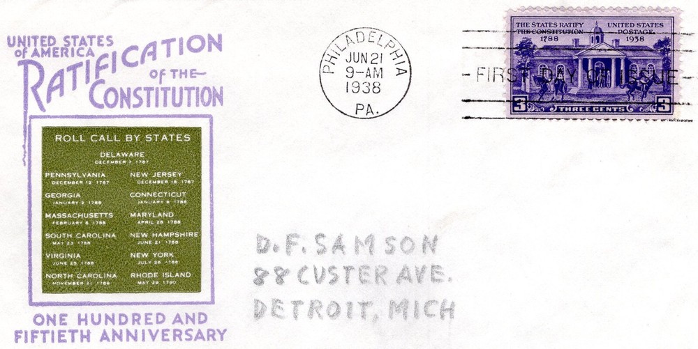 1938 #835 US CONSTITUTION RATIFICATION 150TH ANNIV. IOOR CACHET GEM!