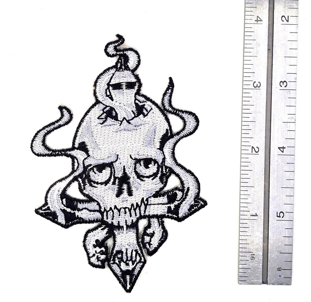 Skull Impaled on Upside Down Cross Iron On Embroidered Patch 2 1/2"X 3 3/8"