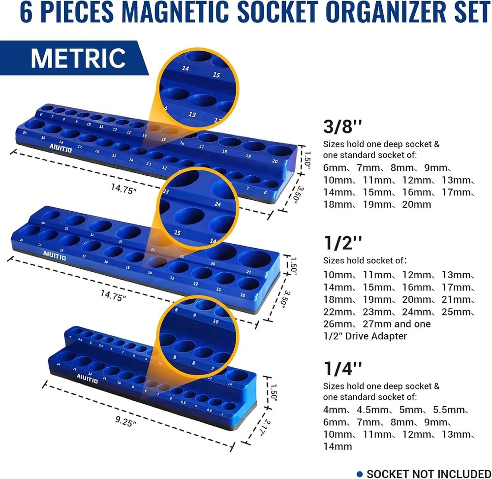 Heavy-Duty Magnetic Socket Organizer for Efficient Tool Management - 6 Pieces