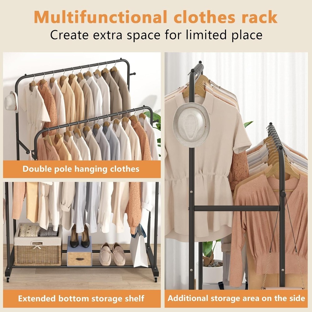 Double Rod Garment Rack with Wheels, 4 Hooks, Multi-functional Black Cloth Rack
