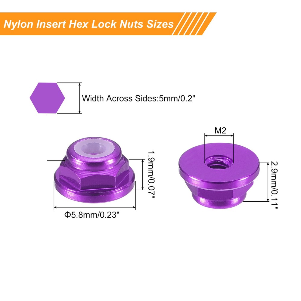 Nylon Insert Hex Lock Nuts, 4pcs - M2x0.4mm Self-Locking Nut(Purple)