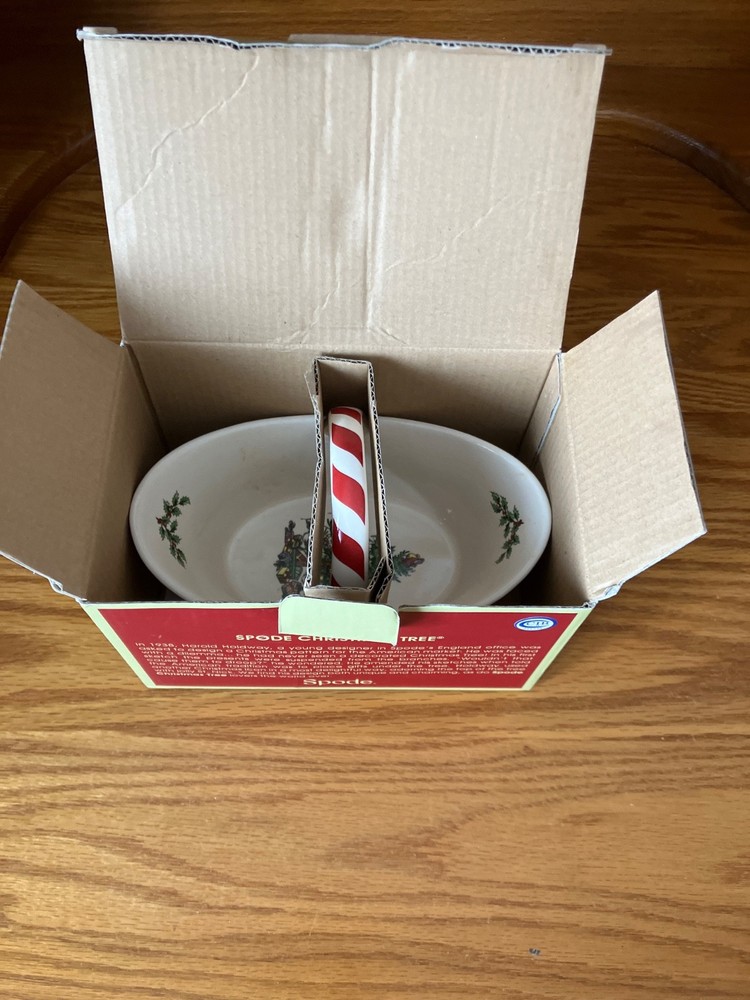 Spode Christmas Tree Peppermint Handle Basket Candy Dish 6.5" MINT IN BOX WOW
