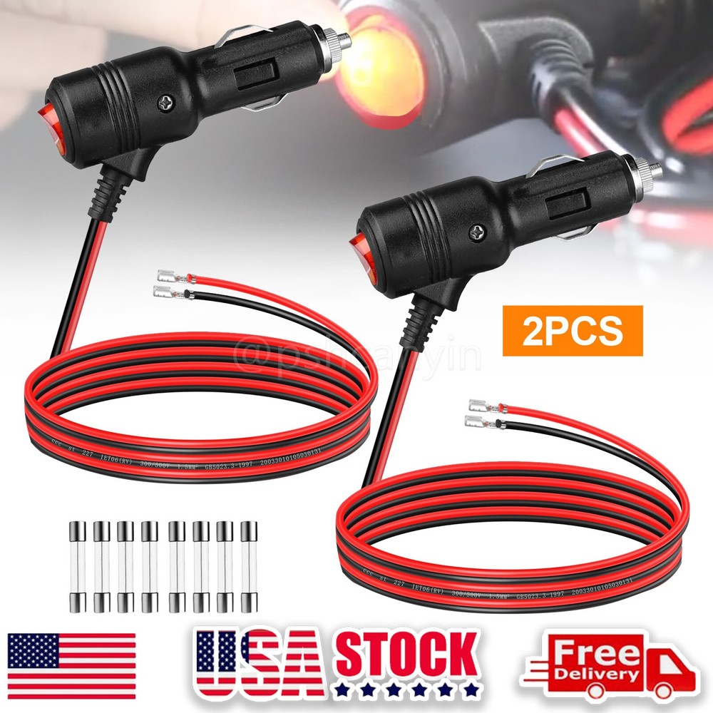 2Pcs 12V Car Cigarette Lighter Plug Socket Heavy Duty Adapter with On/Off Switch
