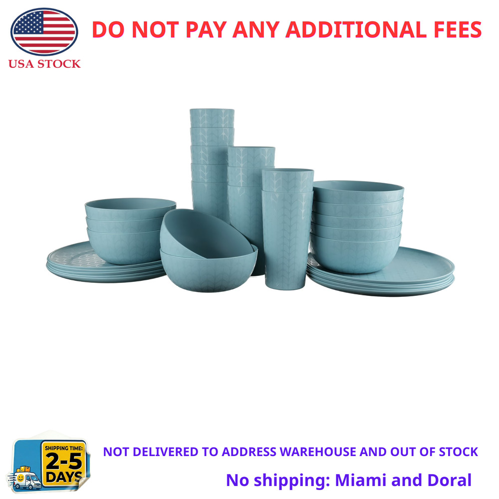 30-Piece Plastic Braided Pattern Dinnerware Bundle Set, Blue