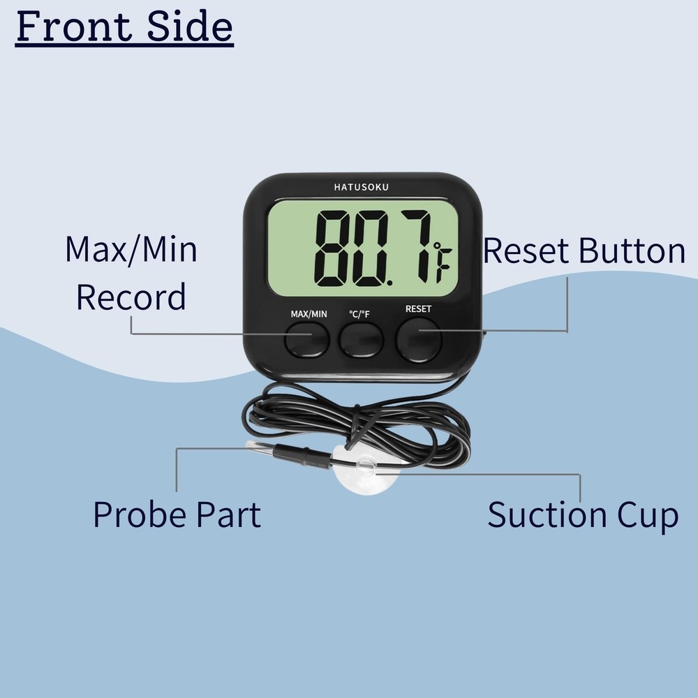HATUSOKU Digital Thermometer with External Sensor, Magnet, Suction Cup, Black