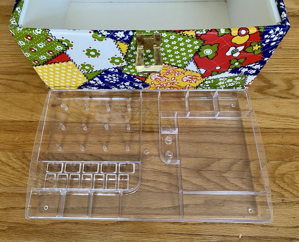 Mod 60s Vintage Vinyl Patchwork Sewing Box with Accessory Tray
