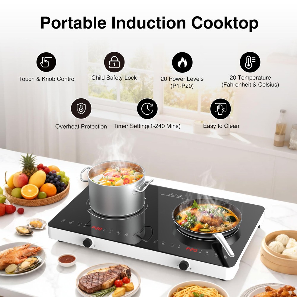 Double Induction Cooktop, 2 Burner Induction Burner 20 Temperature Power Lev...