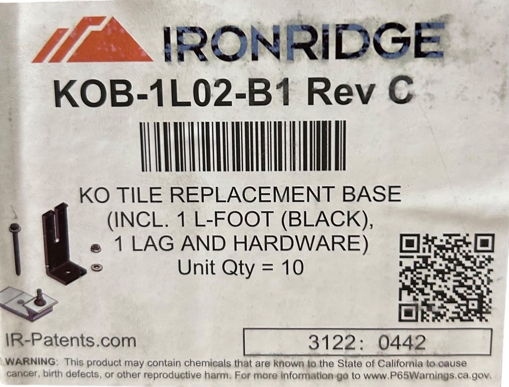 IronRidge KOB‑1L02‑B1 — KO Tile Replacement Base, Rev C