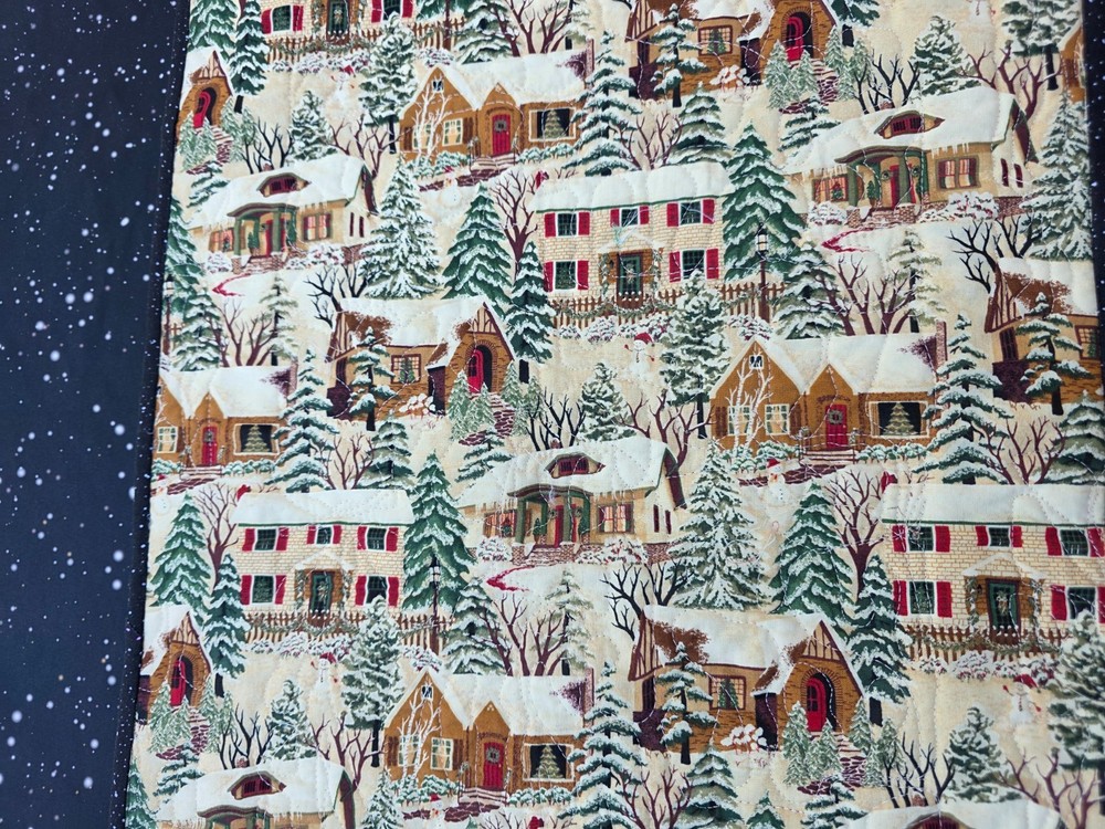 Handmade Quilted Table Runner CHRISTMAS patchwork plaid trees houses