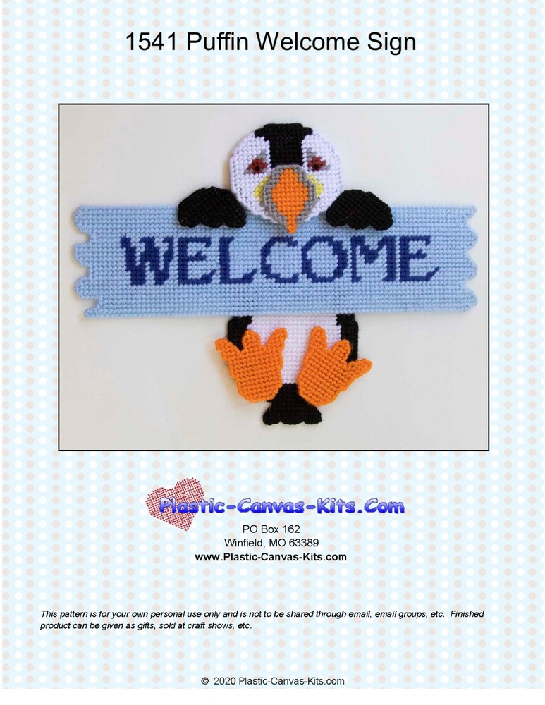 Puffin Welcome Sign- Plastic Canvas Pattern or Kit
