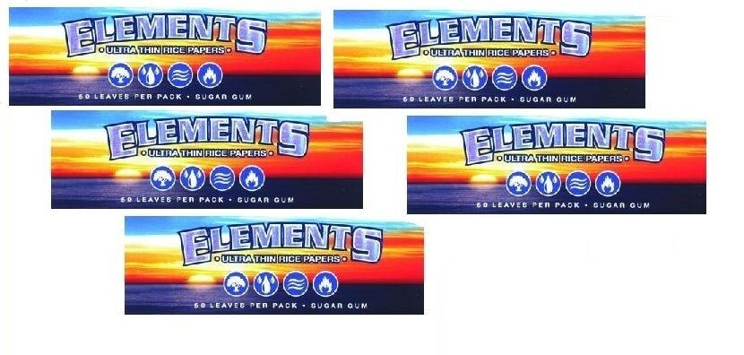 5 PACKS of ELEMENTS Ultra Thin Rice 1 1/4 Size Cigarette Rolling Papers