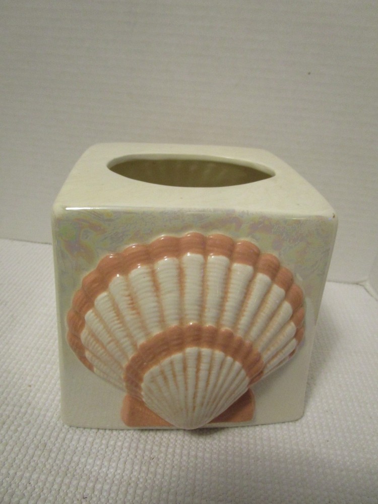 Ceramic Embossed Seashell Pearlized Tissue Box Cover Cottage Beach Nautical