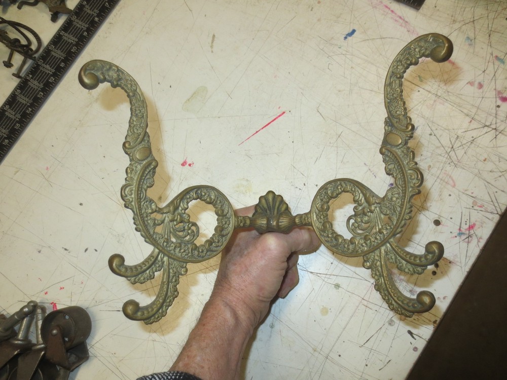Large Antique Solid Bronze Double Coat Hook - Ornate Floral Design