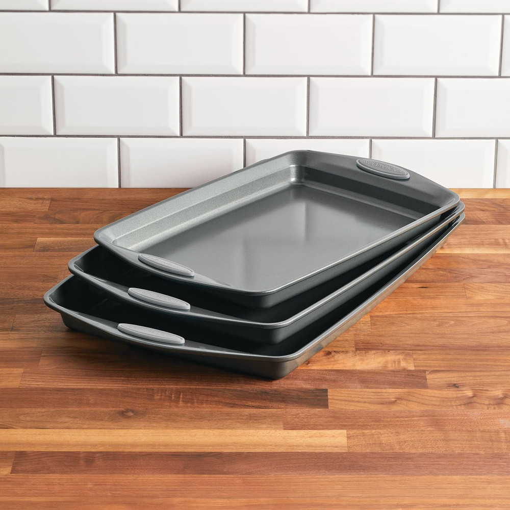 Nonstick Bakeware Set with Grips - 3 Piece Gray Cookie Sheets