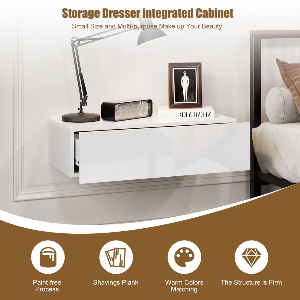 White Modern Floating Wall Mounted Nightstand with Drawer Storage Wood Bedside