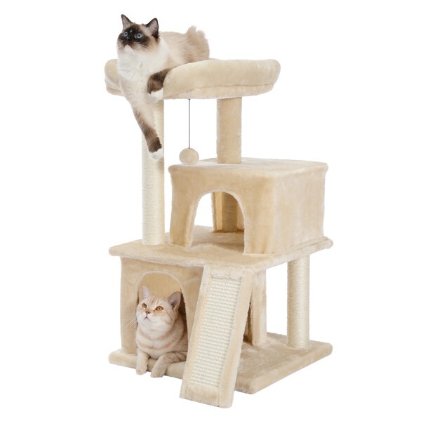 Cat Tree Cat Tower with Double Condos Spacious Perch Sisal Scratching Post Beige