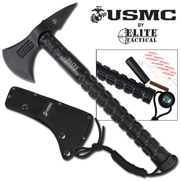 USMC Tactical Hatchet | 15" Black Throwing Axe + Survival Kit & Sheath