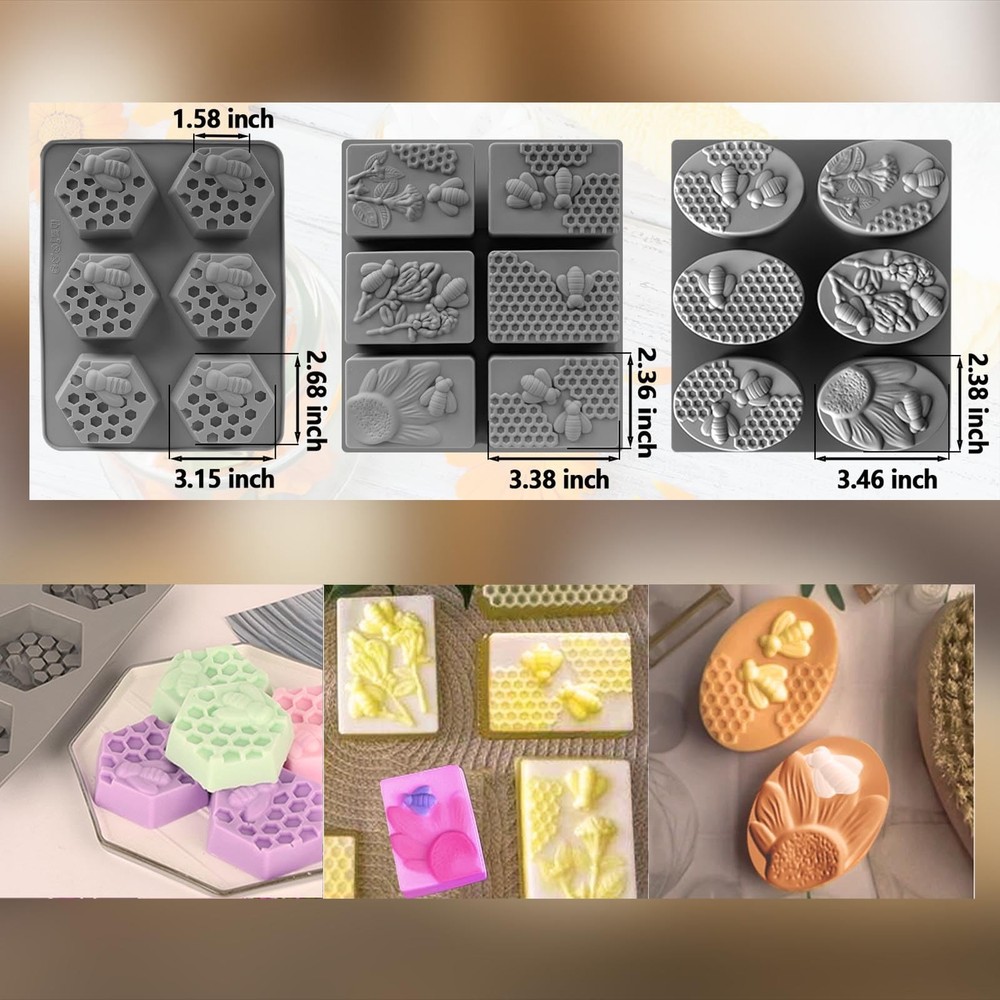 (More Styles Optional) 3 Pack Bee Soap Silicone Molds Set, Oval, Rectangular ...