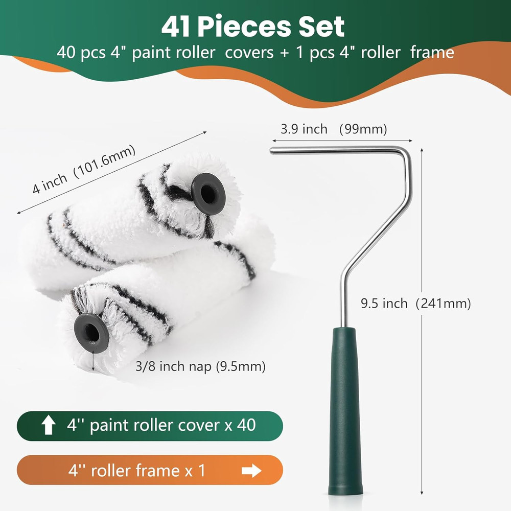 Microfiber Paint Roller 4 Inch, Small Paint Roller Covers (3/8-Inch Nap, 40 Pack