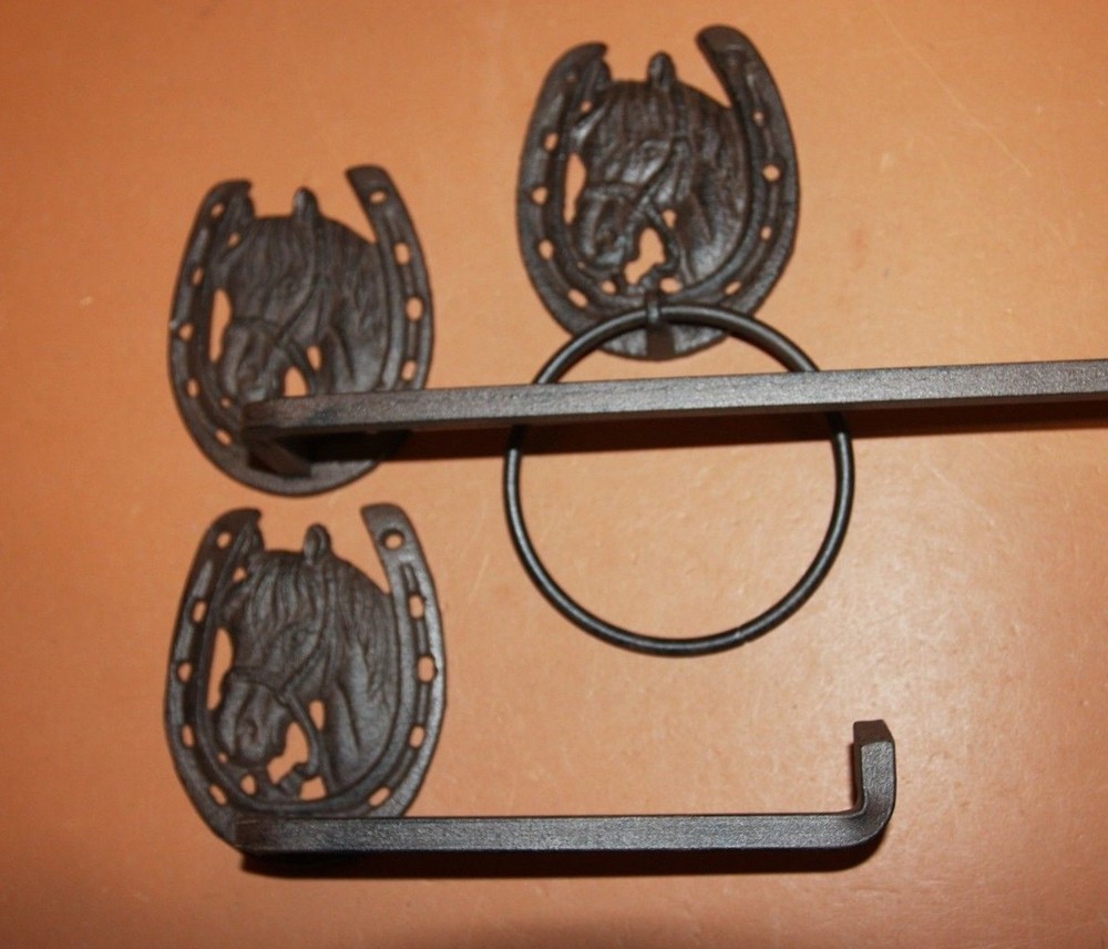 (3) Western Horse Bath Set Solid Cast Iron Towel Bar Ring