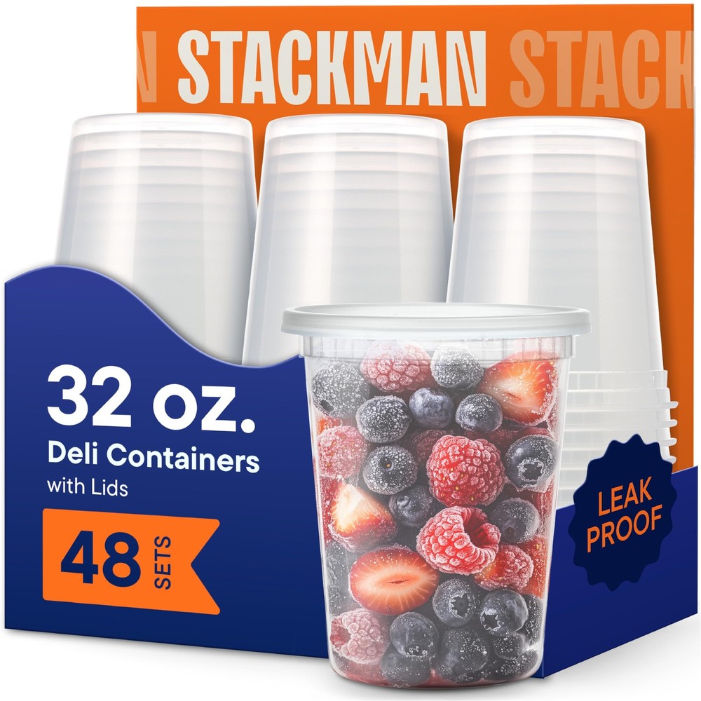 Stack Man 32 oz Deli Containers with Lids (48 Sets) – Quart 32 oz., Clear