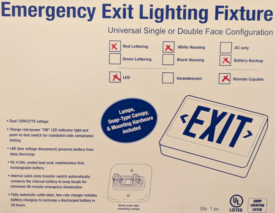 EMERGENCY EXIT LIGHT FIXTURE RED LETTERS SINGLE/DOUBLE FACE BACKUP EZXTEU2RWEMRC