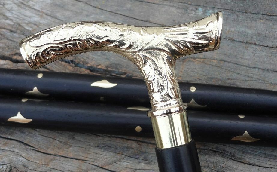Antique Solid Brass Derby Head Handle Victorian Wooden Walking Stick Cane Style