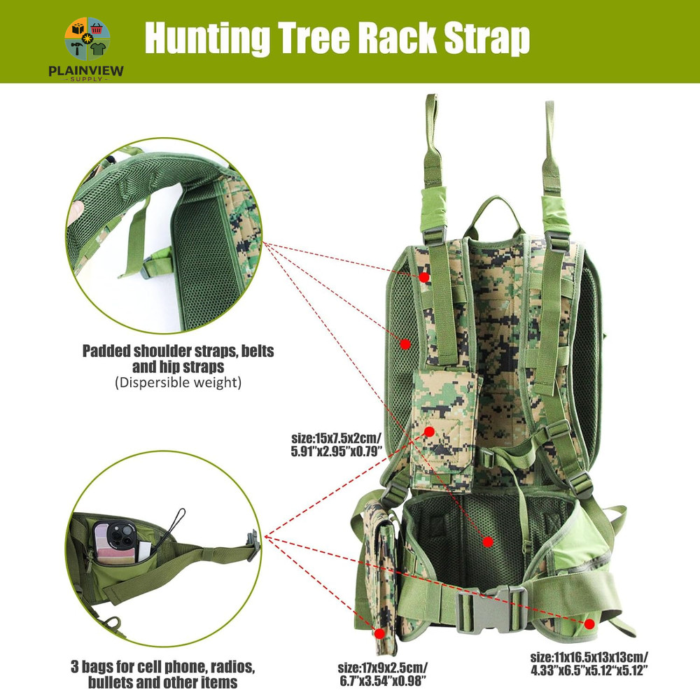 Tree Stand Carrier Backpack with Padded Straps, 8 Connection Points & 3 Pockets,