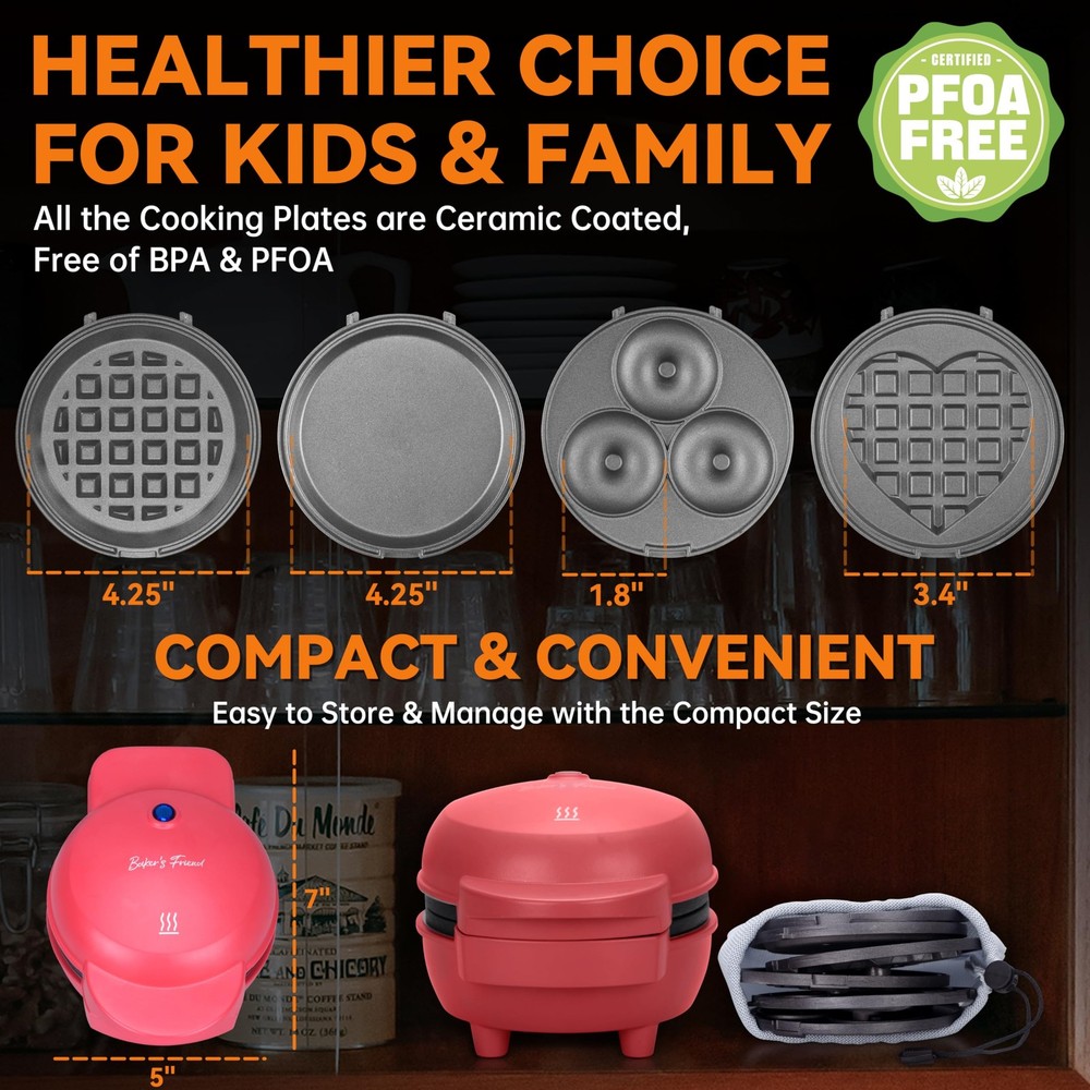 4 in 1 Mini Waffle Maker with Removable Plates, Set Includes Mini Pancake, Do...