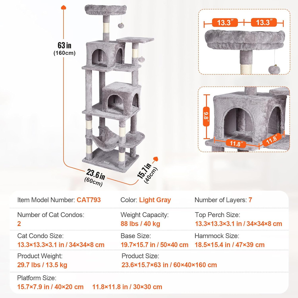 Deluxe 63" Cat Tree with Condos, Hammock, Scratching Post & Perch - Light Grey