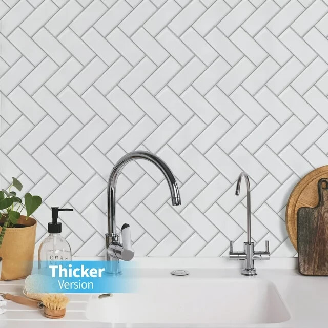 White Herringbone Peel and Stick Backsplash Tiles 10 Tiles Thicker Version
