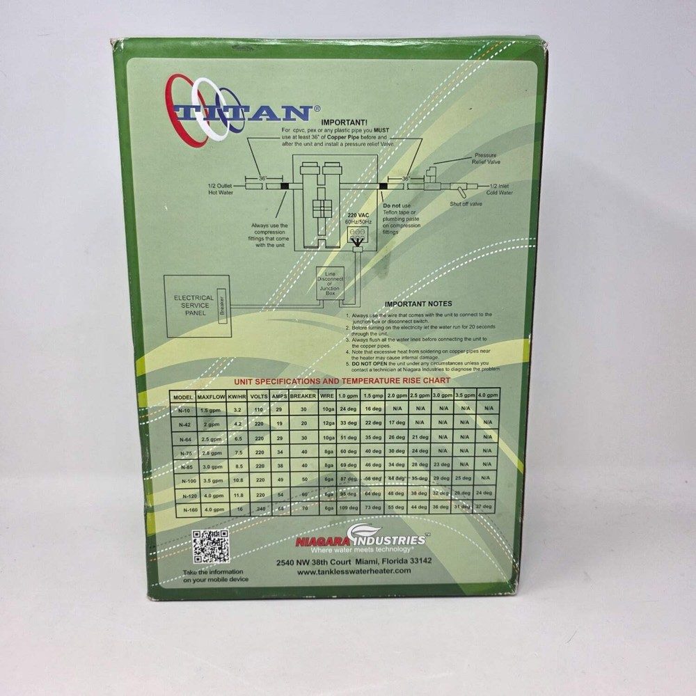 New Titan N-120x Electric Tankless Water Heater 12XN750999 220VAC 60HZ 11KW 54A