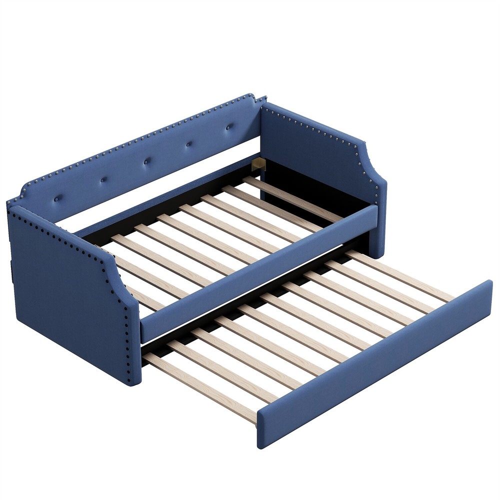 Twin Size Daybed with Pull-Out Trundle Bed Upholstered Bed Frame Sofa Bed Blue