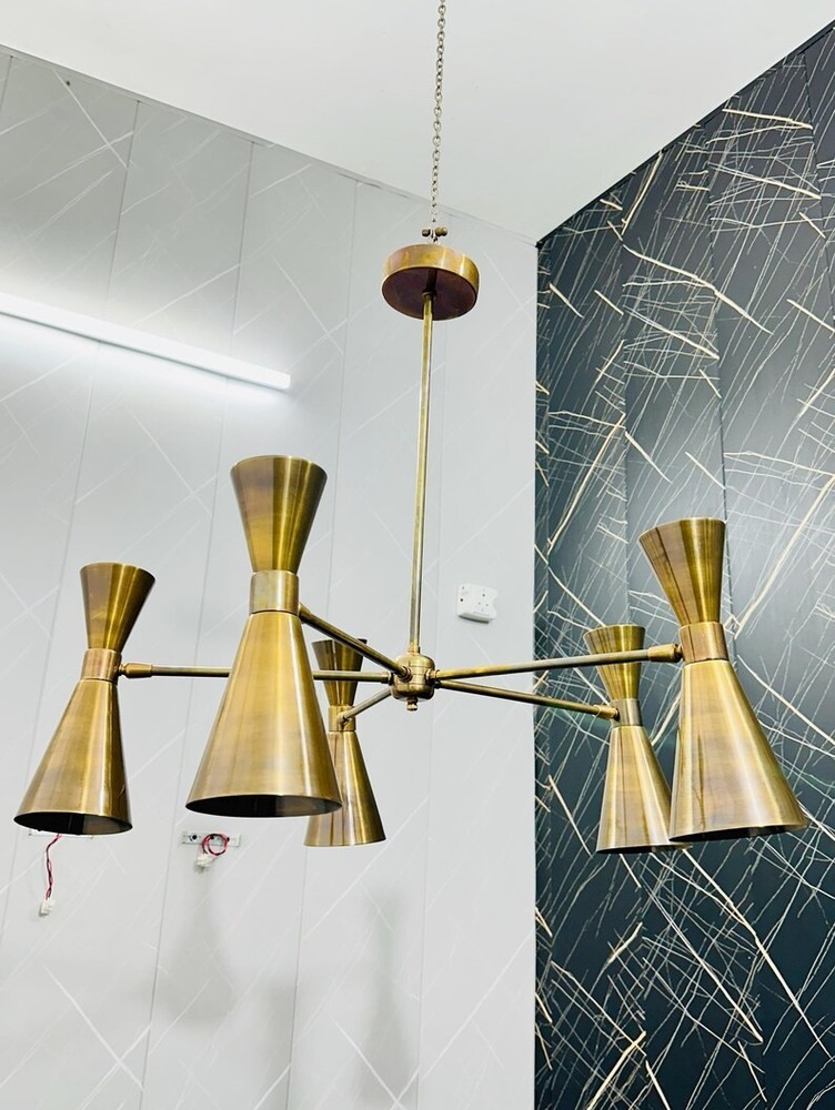Mid-Century Modern Brass Chandelier: Adjustable 6-Light Ceiling Fixture