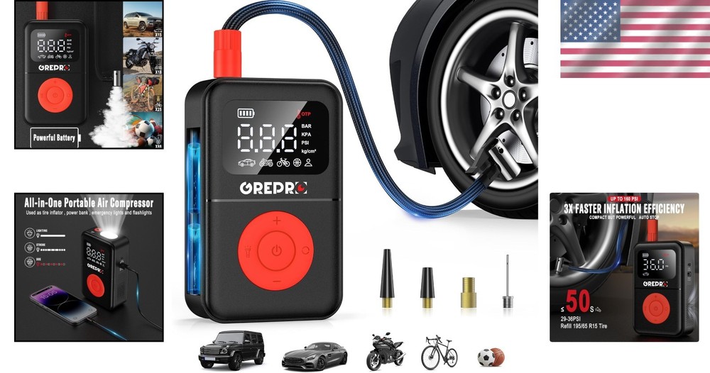 Compact 160 PSI Air Compressor with Rechargeable Battery & Multiple Adapters