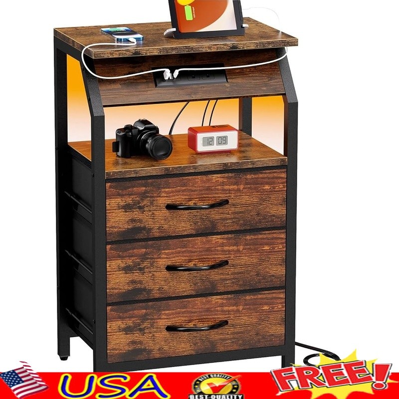 LED Night Stand W/ USB Charging Ports & Fabric Drawers Storage Solutions