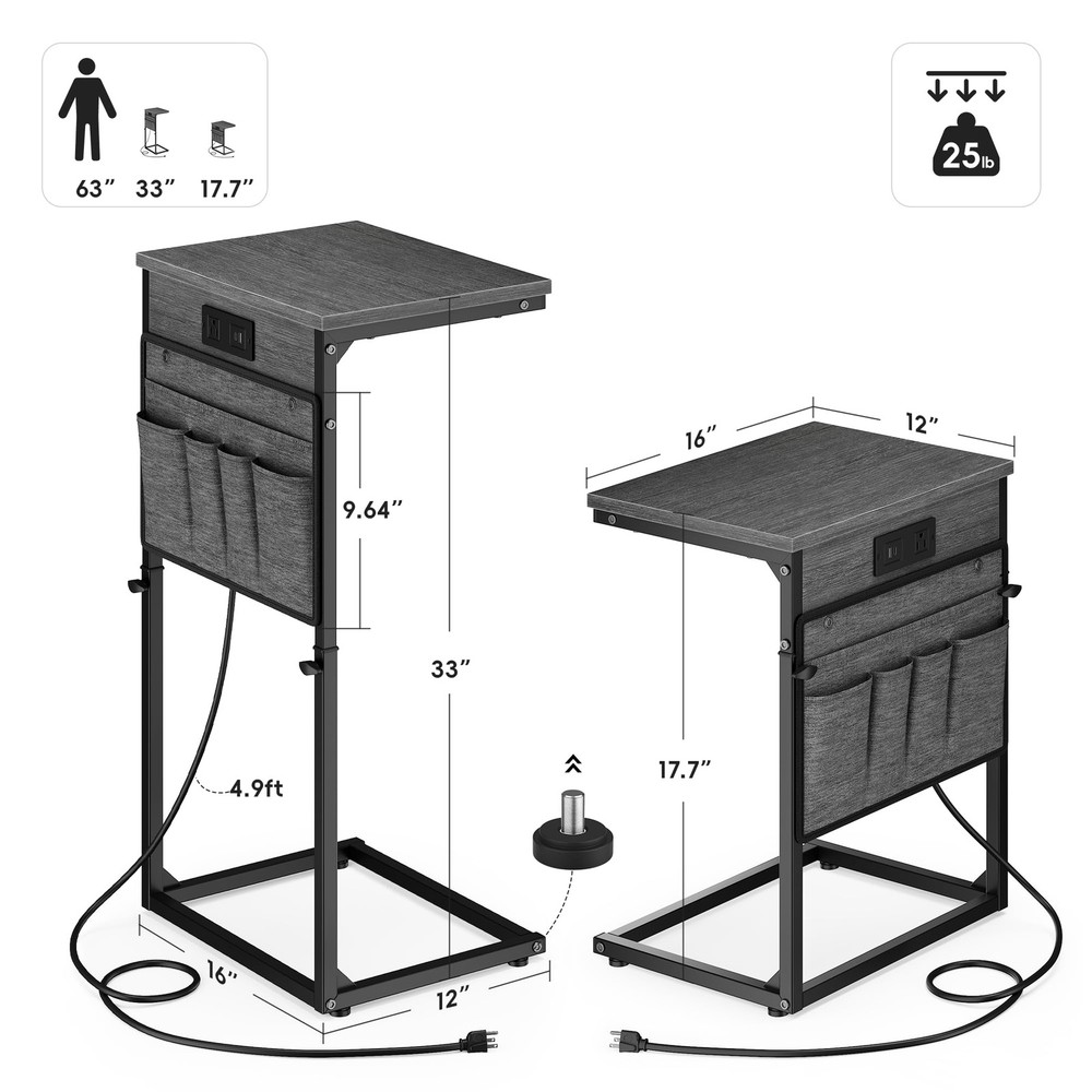 C Shaped End Table with Charging Station, 33" Tall Side Table for Couch, Sofa...