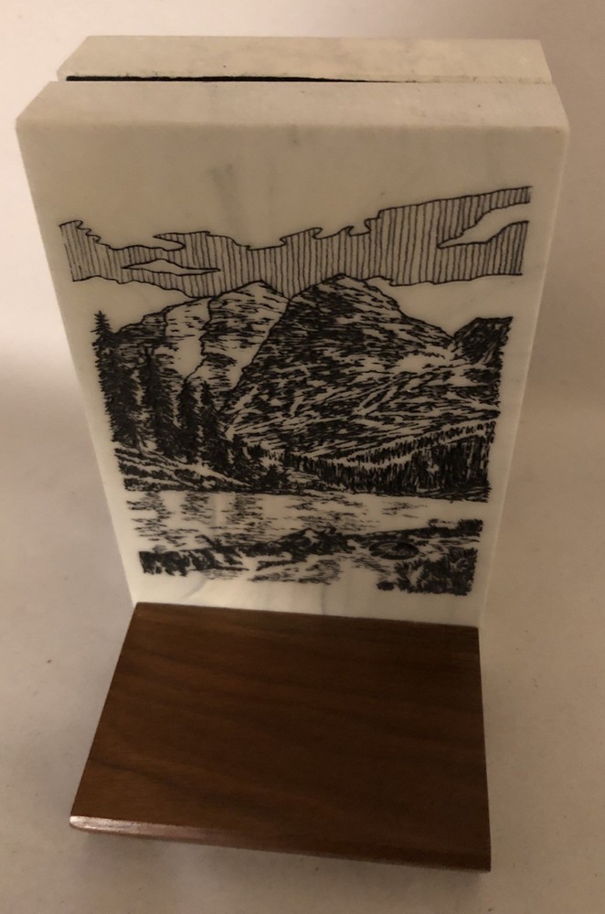 MCM Pair Bookend Etched Mountain River Design STONE ART Study Cabin Signed