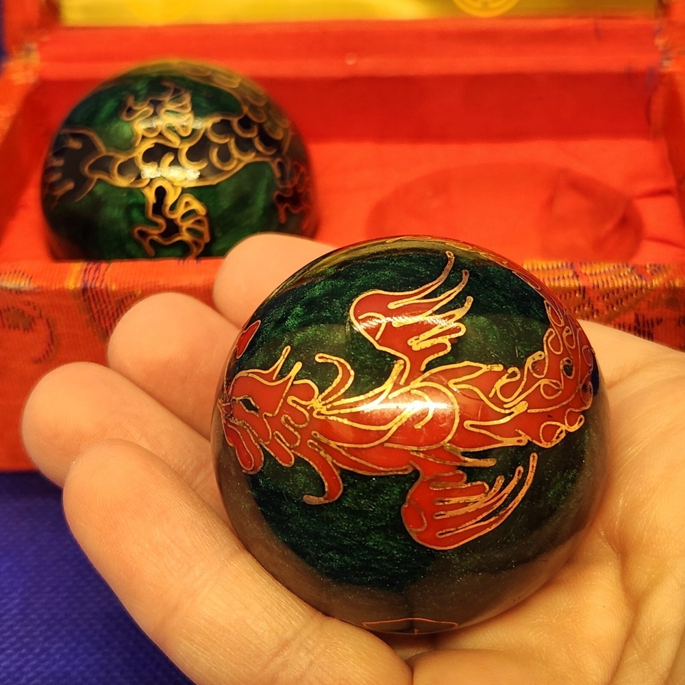 Chinese Cloisonné Baoding Balls Healing Meditation Dexterity Red Silk Case