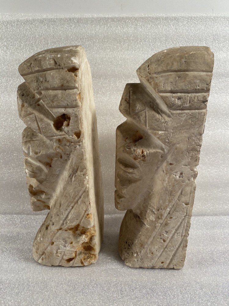 2-Artisan Hand Carved 9" Aztec/Mayan Solid Marble Statue/Book Ends. READ LISTING
