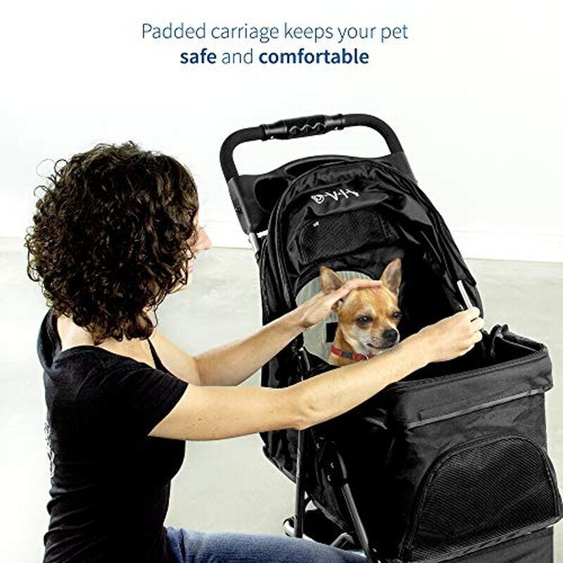 Foldable 3 Wheel Pet Stroller Large Capacity Mesh Windows Storage Basket Black