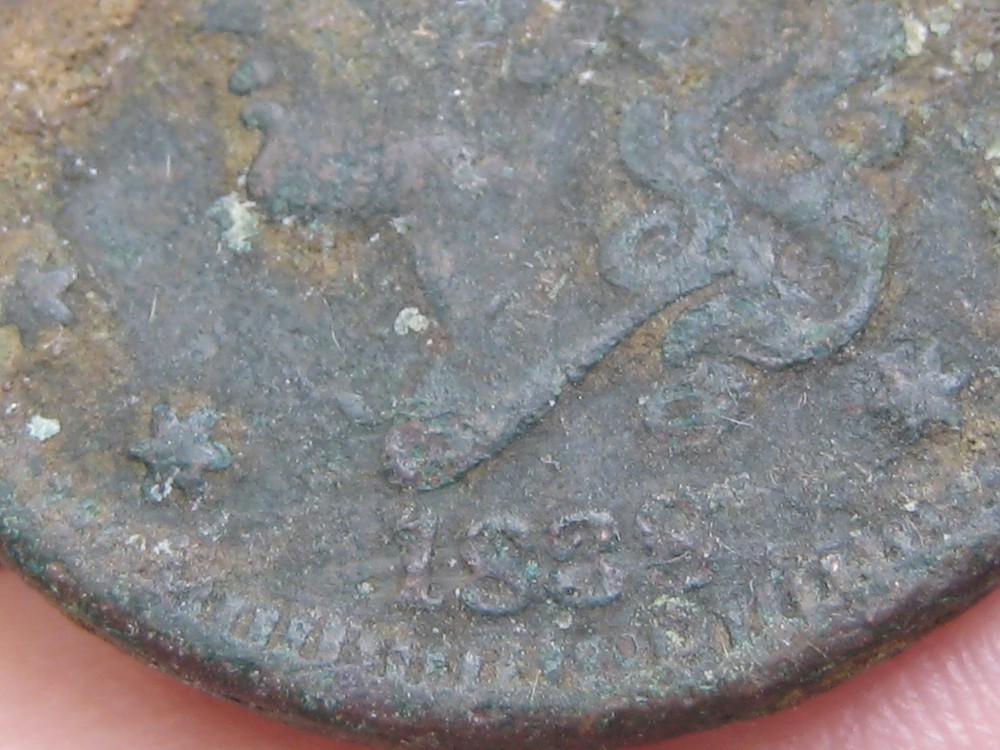 1838 Matron Head Modified Large Cent Penny- Holed, Crusty, Shipwreck Effect